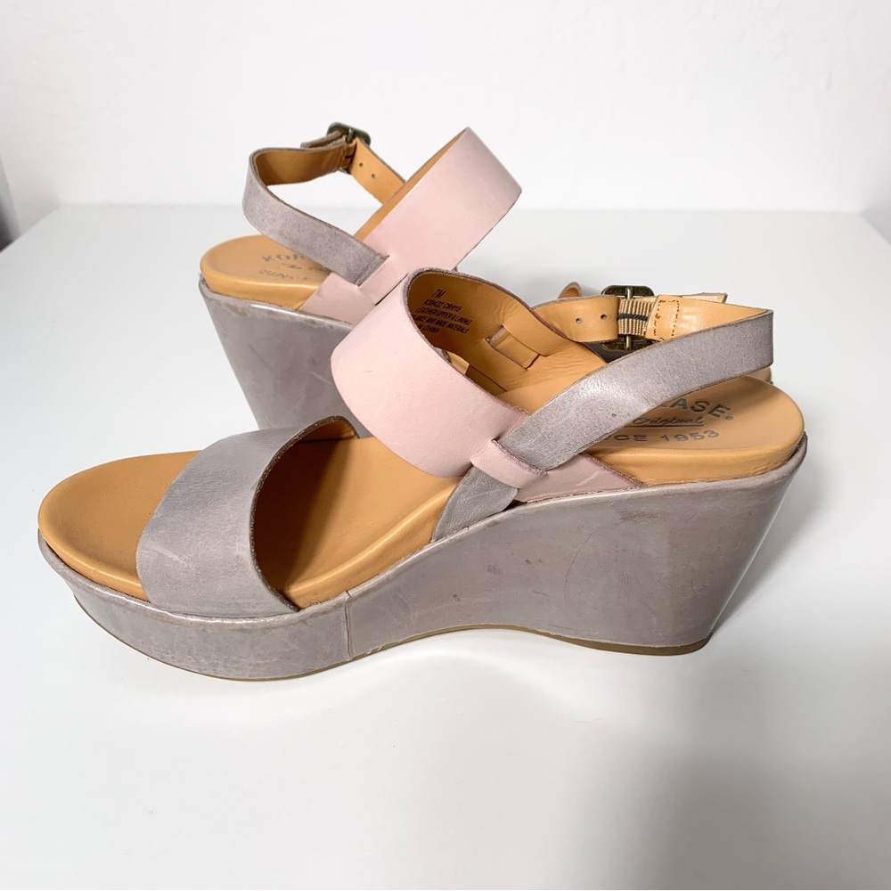 Kork-Ease Gray Pink Leather Open Toed Wedges 7